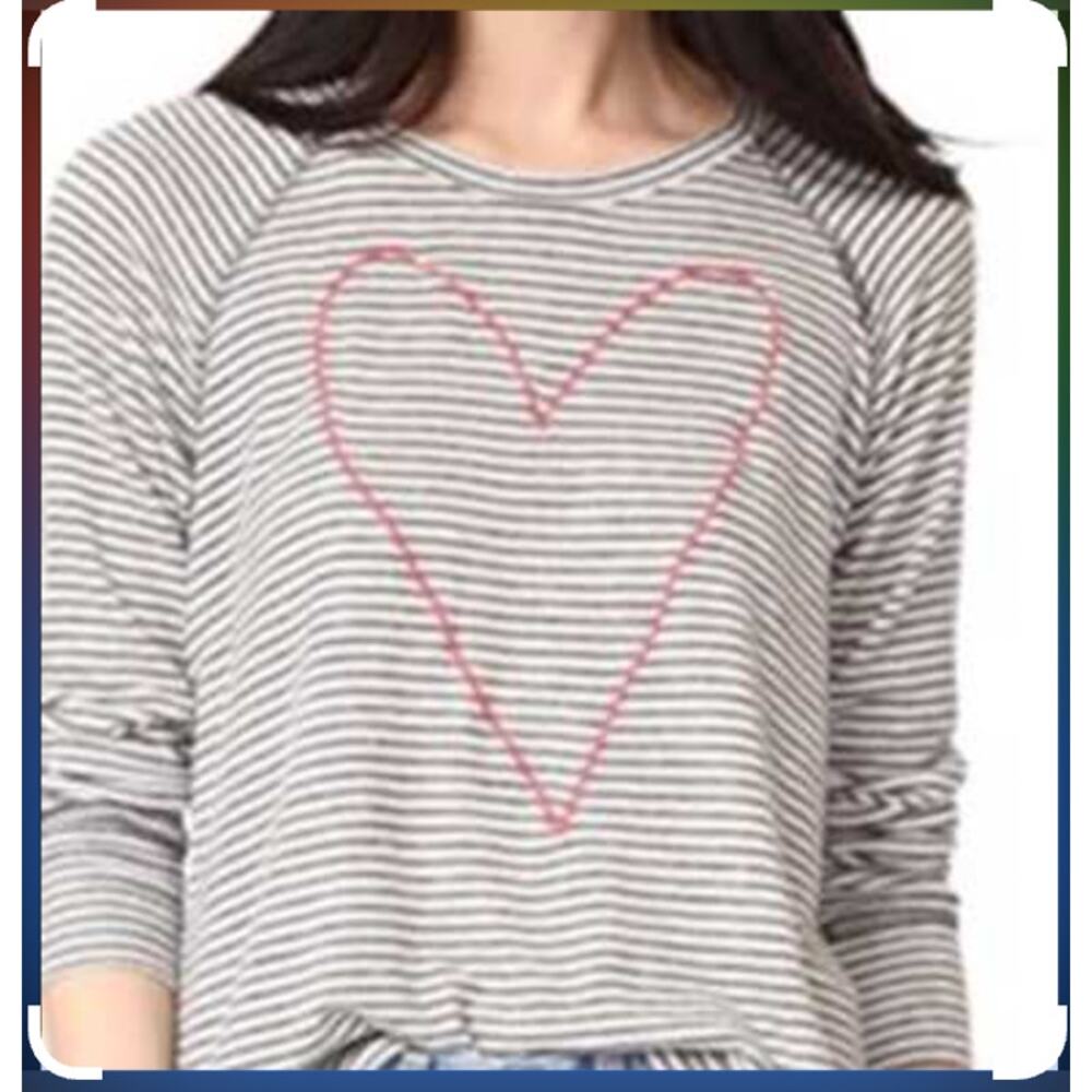 Sundry Striped Long Sleeve Top Heart Embroidery Buttons sz 0 XS